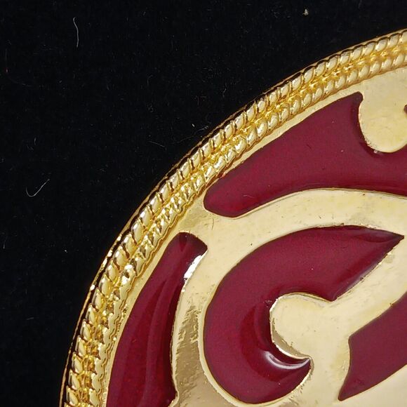 Vntg Celtic Brooch 3" RED Coat Pin Oval Metal Enamel Milgrain Accent Gold Estate - Picture 7 of 16